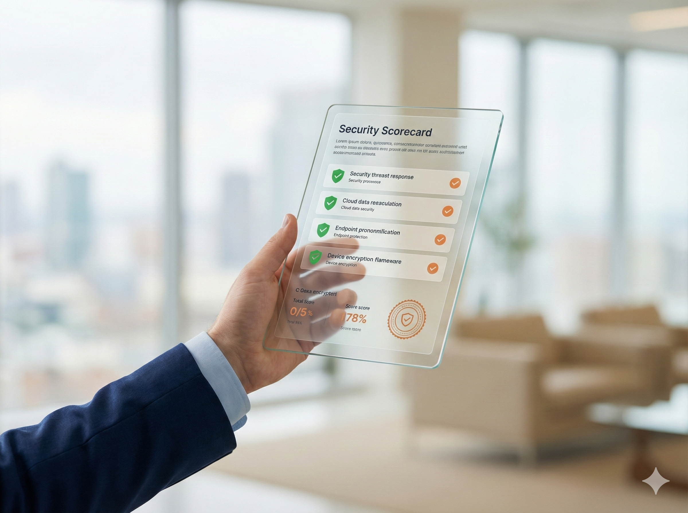 Professional viewing a transparent security scorecard interface displaying compliance metrics and security threat assessments
