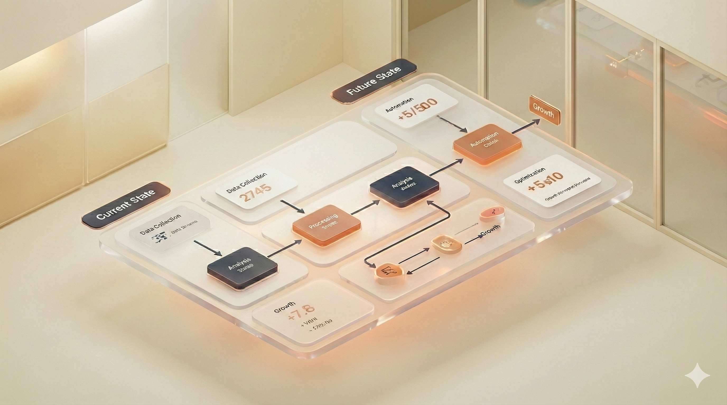 3D isometric workflow diagram showing AI platform architecture with interconnected process nodes and decision points