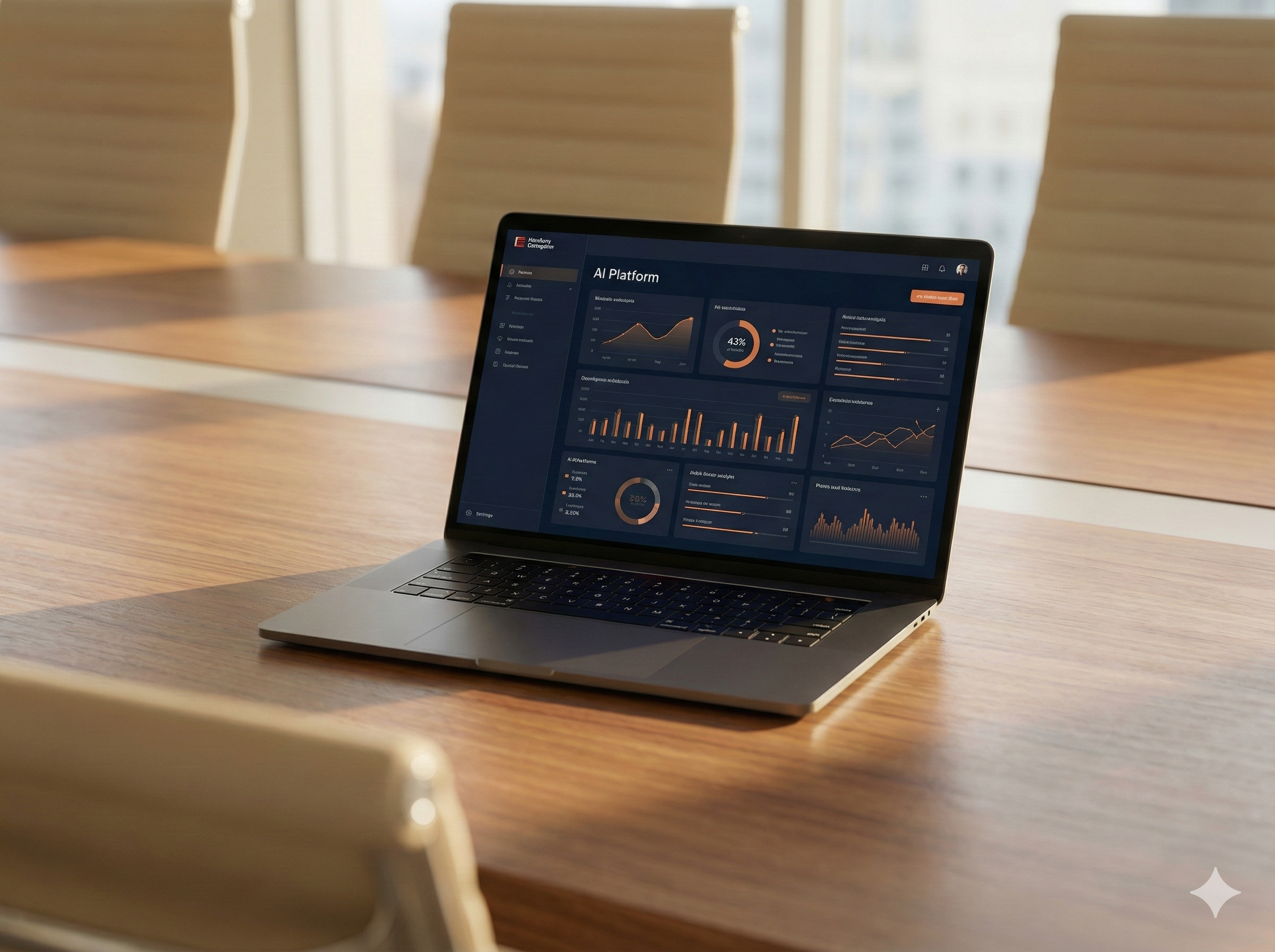 Laptop displaying AI Platform dashboard with performance metrics, efficiency analytics, and operational insights in a modern office environment
